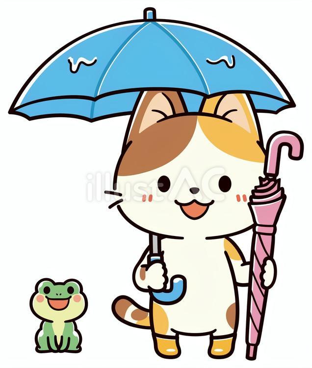傘を持ってお迎えにきた可愛い三毛猫 雨,傘,お迎えのイラスト素材