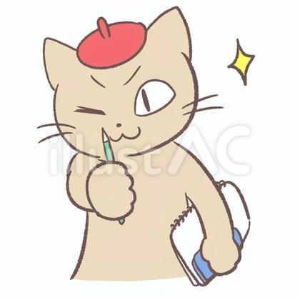 ベレー帽を被る鉛筆を持つ猫