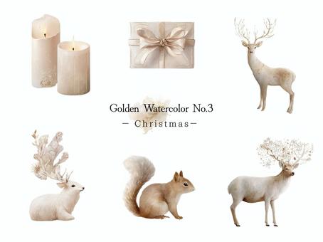 Golden Christmas 3 クリスマス,冬,水彩,ゴールド,アイボリー,シカ,トナカイ,リス,動物,キャンドルのイラスト素材