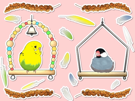 セキセイインコと文鳥のあしらい 文鳥,セキセイインコ,鳥,インコ,かわいい,ペット,手乗り,無料,フリー,素材のイラスト素材