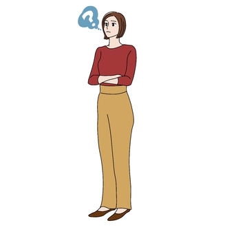 腕を組んで考える女性　全身　吹き出し有 ハテナマーク,疑問,女性,全身,アイコンのイラスト素材