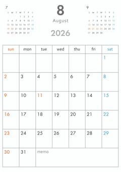 2026年8月カレンダー-縦 カレンダー,2026年,2026,1か月,3か月,令和8年,暦,日曜始まり,祝祭日,祝日のイラスト素材