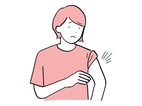 腕が痛くて困っている私服の若い女性 腕,二の腕,痛い,痛み,症状,女性,女,人物,人,20代のイラスト素材