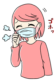 桃色の女の子がマスクをして咳している ピンク,かわいい,手描き,女の子,女性,人物,ピンク髪,咳,咳き込む,マスクのイラスト素材