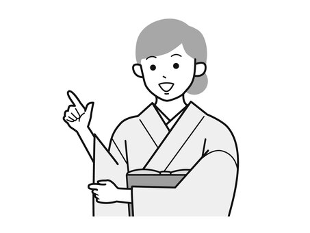 指差しで良い事を話す着物女性A左向／白黒 指差し,良い,話す,女性,お母さん,着物,講師,20代,30代,40代のイラスト素材