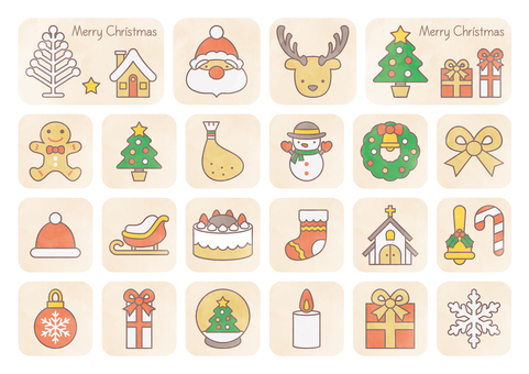 かわいいクリスマスアイコン-水彩風 かわいいクリスマスアイコン-水彩風 冬,クリスマス,イベント,サンタ,トナカイ,ツリー,家,クリスマスツリー,プレゼント,リボンのイラスト素材