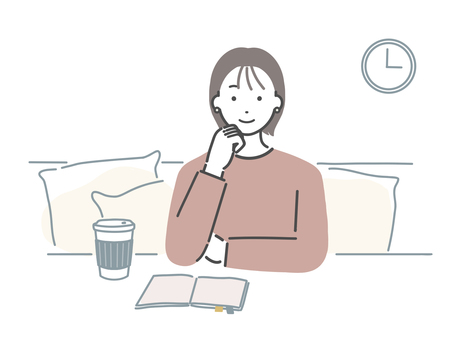 ノートを見て考えている若い女性 女性,人物,若い,大人,ノート,手帳,本,くつろぐ,考え事,飲み物のイラスト素材