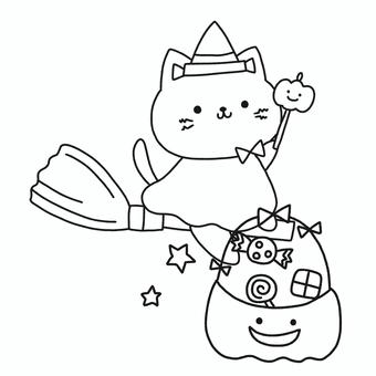 ハロウィンお菓子を運ぶ猫 ハロウィン,猫,お菓子,かぼちゃ,魔女,仮装,ほうき,飛ぶ,乗る,キャンディのイラスト素材