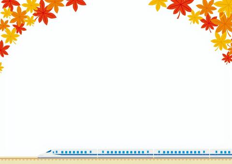 秋の紅葉旅行 新幹線ともみじの背景 紅葉,新幹線,背景,秋,旅行,横,横向き,壁紙,フレーム,枠のイラスト素材
