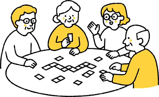 介護施設でドミノゲームをする男女 介護施設,ドミノ,牌,ゲーム,遊び,高齢者,男性,女性,シニア,老人のイラスト素材