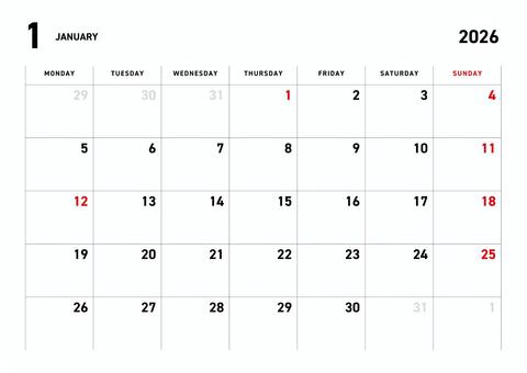 月曜始まり2026年1月カレンダーA4 カレンダー,スケジュール,印刷,横型,月曜始まり,シンプル,スタイリッシュ,月曜日,火曜日,水曜日のイラスト素材