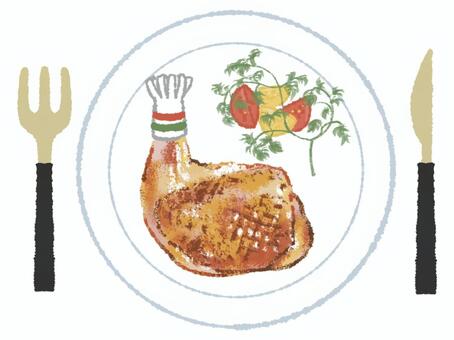 クリスマスディナー　ローストチキン クリスマス,チキン,ローストチキン,ナイフ,フォーク,お皿,ディナー,シンプル,広告,挿絵のイラスト素材