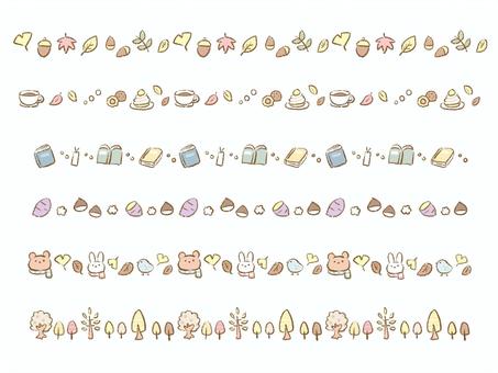 かわいい秋モチーフのライン素材セット 秋,ライン,飾り罫,手描き風,デコレーション,落ち葉,イチョウ,紅葉,秋の味覚,どんぐりのイラスト素材