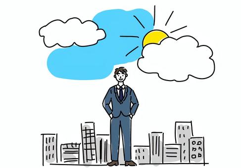 青空の下、自由を感じる会社員 転職,退職,会社員,ビジネスマン,自由,解放,青空,退職代行,リフレッシュ,成長のイラスト素材