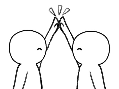 ハイタッチする棒人間線画 棒人間,人物,ハイタッチ,二人,手描き,落書き,表情,黒,シンプル,素材のイラスト素材