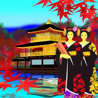 金閣寺と紅葉、芸者さん。 金閣寺,紅葉,芸者,秋,古都のイラスト素材