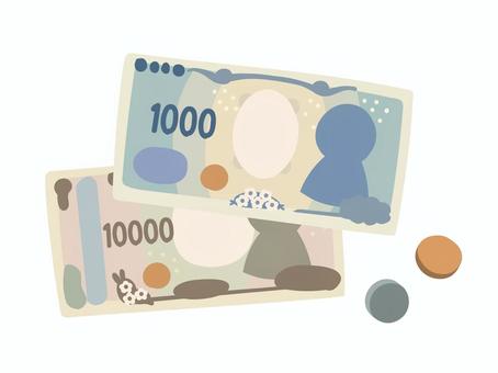 新一万円札と新千円札と小銭のイラスト お札,お金,一万円,千円,小銭,貨幣,金持ち,新札,デフォルメ,シンプルのイラスト素材