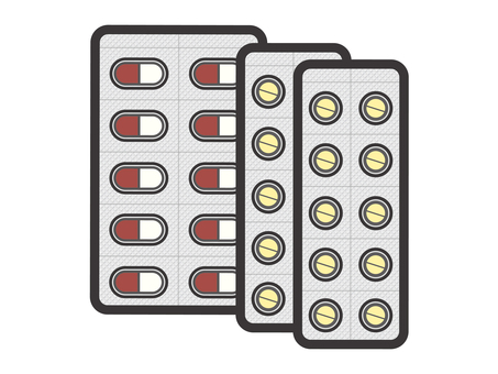 薬（錠剤カプセル・シート３枚）02-02 薬,カプセル,錠剤,ブリスターパック,ptpシート,薬局,病院,病気,治療,アイコンのイラスト素材