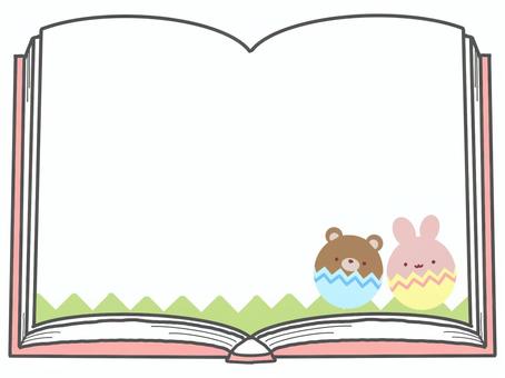 クマとウサギの本フレーム おはなし会,読み聞かせ,絵本,くま,うさぎ,本,フレーム,草,読書,ピンクのイラスト素材
