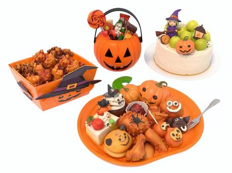 秋のハロウィンイベント用のパーティー料理 ハロウィン,イベント,から揚げ,フライドチキン,ケーキ,パーティー,料理のイラスト素材