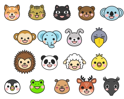 楽しい表情の動物キャラ18種類セット 表情,笑顔,楽しい,イヌ,ネコ,クロネコ,クマ,コアラ,サル,ゾウのイラスト素材