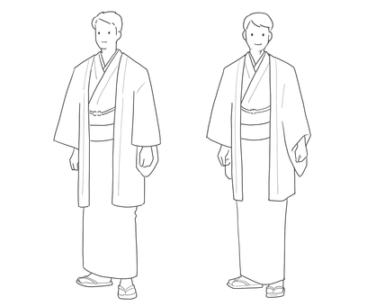 男性着物袴２人 男性,着物,袴,２種,全身,線画のイラスト素材