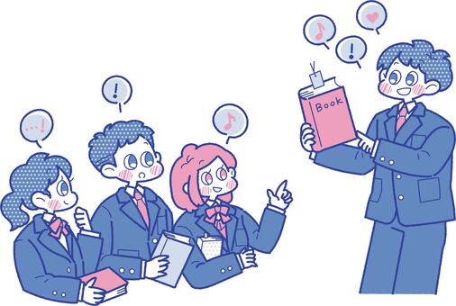 読書会をしている制服を着た学生のイラスト 読書会,ビブリオバトル,文芸部,本,発表,会話,読書,読む,勉強,知識のイラスト素材