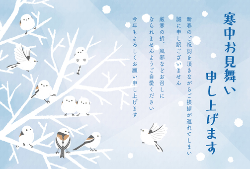 寒中お見舞い時節の挨拶文2-シマエナガ- 寒中お見舞い,挨拶状,ポストカード,ハガキ,冬,季節,シマエナガ,小鳥,雪,枝のイラスト素材