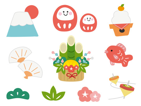 お正月年賀状の素材セット 年賀状,お正月,門松,富士山,鏡餅,扇子,赤ダルマ,赤鯛,松,竹のイラスト素材