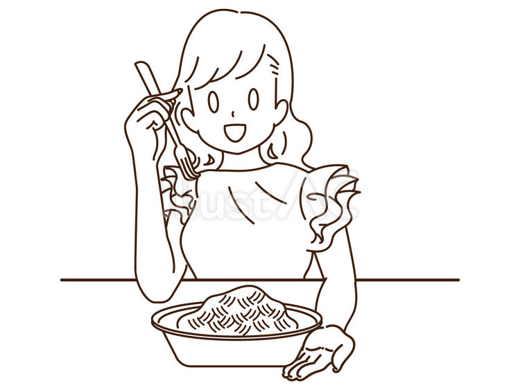 パスタを食べるフォークを持った笑顔の女性 人間,人,人物のイラスト素材