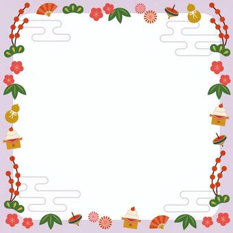 お正月の縁起物フレーム紫スクエア 年賀,フレーム,枠,背景,縁起物,和風,和柄,かわいい,おしゃれ,デザインのイラスト素材