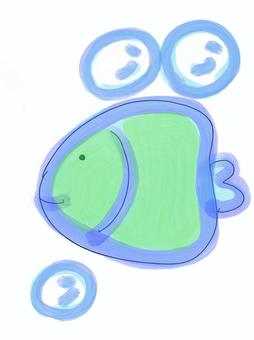 みどりのさかな ふぐ,泡,水色,海,熱帯魚,水族館,手書き,ファンシー,かわいい,生き物のイラスト素材