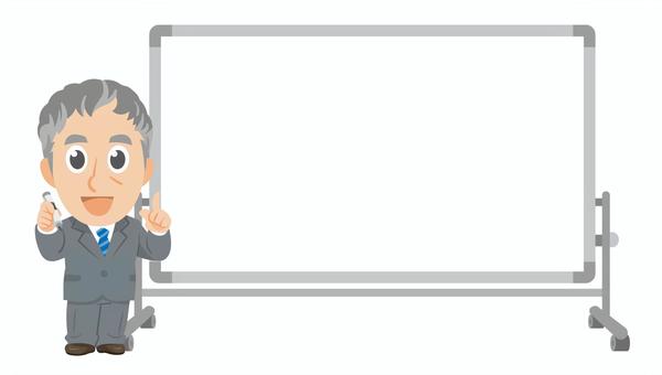 白板傍でペンと指さす年配ビジネスマン② 先生,教師,教員,指導員,スーツ,ホワイトボード,ビジネス,会社,指さす,指さしのイラスト素材