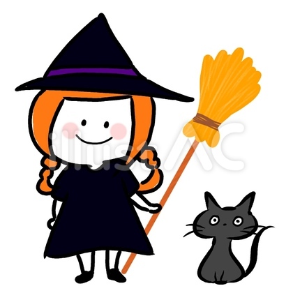 ハロウィン、魔女の仮装と黒猫