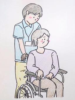 車椅子を押す介護士 介護士,介護,福祉,介護施設,老人ホーム,デイサービス,介護サービス,車椅子,お年寄り,老人のイラスト素材
