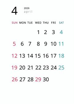 2026年4月カレンダー_縦長 2026年4月カレンダー_縦長 4月,カレンダー,2026,令和8年,スケジュール,2026年,月間カレンダー,2026年カレンダー,日曜始まり,シンプルのイラスト素材