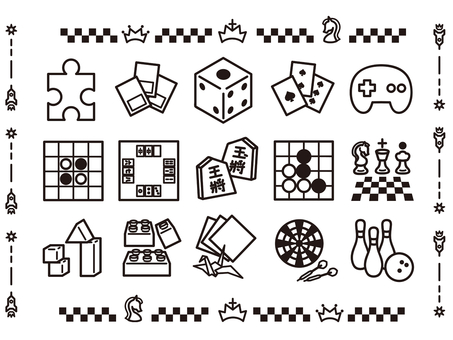 室内ゲームと遊びのアイコンセット ゲーム,遊び,おもちゃ,アイコン,シンプル,パズル,カードゲーム,トランプ,サイコロ,コントローラーのイラスト素材