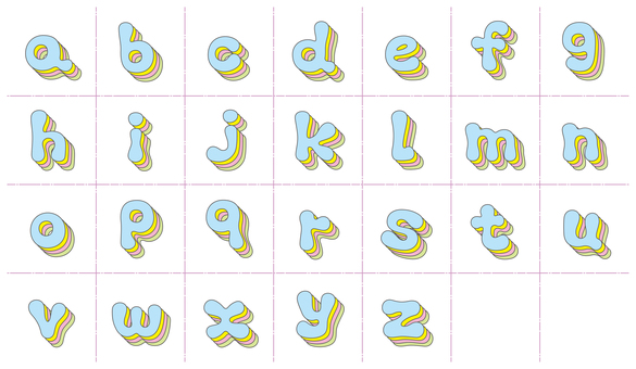 やわ文字 重ね　アルファベット小文字 文字,オリジナル,やわらかい,ぐにゃぐにゃ,重ね,多重,細線,パステル,太字,書体のイラスト素材