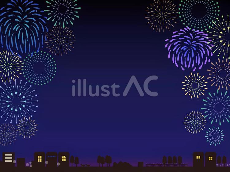 夏の背景　花火と夜の街のフレーム　7 花火,花火大会,打ち上げ花火のイラスト素材