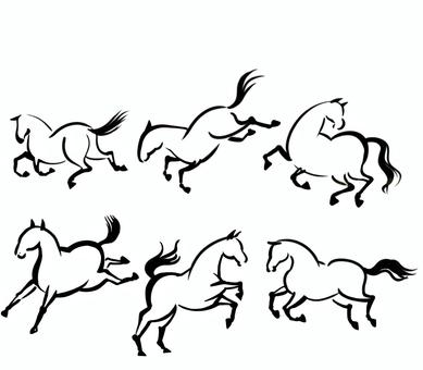 躍動する馬　筆描き風　黒 馬,筆描き,躍動,黒,６頭,午,年賀状のイラスト素材