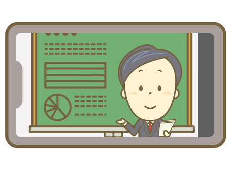 オンライン学習で男性教師に教わるイラスト スマホ,スマートフォン,オンライン学習,勉強,セミナー,インターネット,講座,男性,教師,先生のイラスト素材