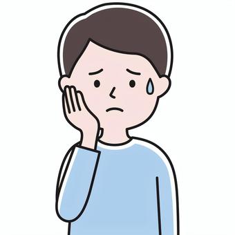 短髪男性 上半身 手頬_影 4A 困る,焦る,困惑,汗,どうしよう,たらり,こわい,悩み,相談,不信のイラスト素材