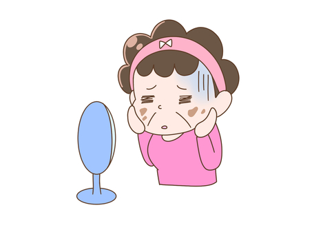 シミを気にして落ち込む中年女性 シミ,皮膚,美容,鏡,女性,ミラー,美意識,ヘアーバンド,ショック,落ち込むのイラスト素材