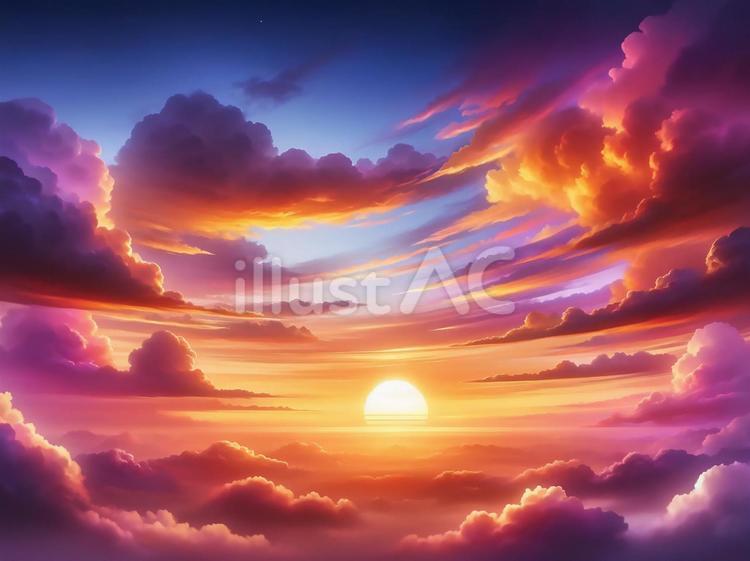 幻想的な夕焼けの空と輝く雲① 夕焼け,雲,空のイラスト素材