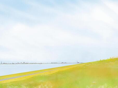 河川敷の風景イラスト秋 河川敷,河川,風景,景色,雲,筋雲,巻雲,秋,野原,原っぱのイラスト素材
