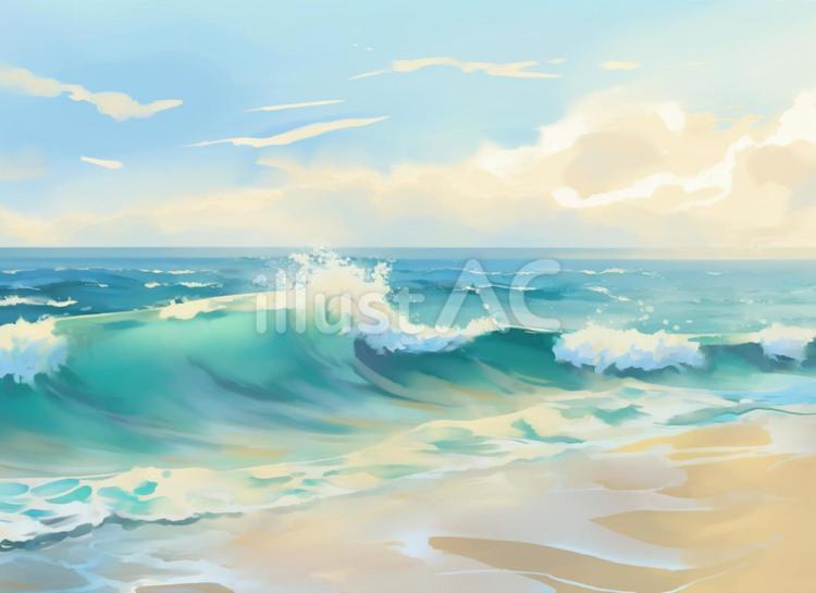 浜辺に波が打ち寄せる風景画 波,海,浜辺のイラスト素材