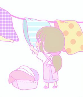 せんたく 洗濯,家事,女性,手描き,かわいい,エプロンのイラスト素材