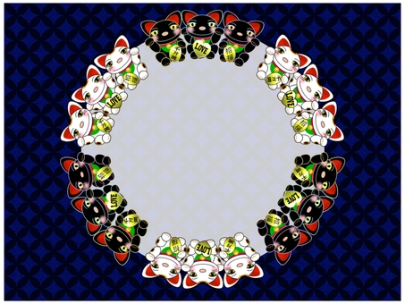 よくばり招き猫のフレ−ム　青 招き猫,白,黒,招福,千万両,love,ラブ,かわいい,笑顔,柄のイラスト素材