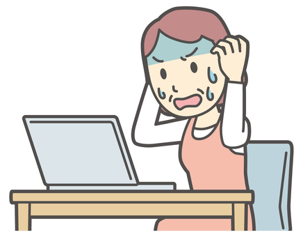  ノートパソコンで慌てているおばさん パソコン,女性,人,人物,主婦,中年,シニア,エプロン,ママ,お母さんのイラスト素材