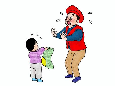 サンタぢゃないよ！還暦なんぢゃ 人物,大人,男性,高齢者,還暦,赤,帽子,ちゃんちゃんこ,こども,男の子のイラスト素材